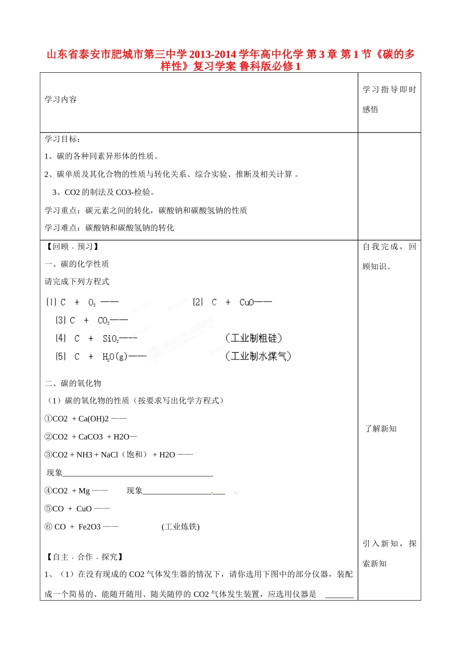 山东省泰安市肥城市第三中学2013-2014学年高中化学 第3章 第1节《碳的多样性》复习学案 鲁科版必修1_第1页