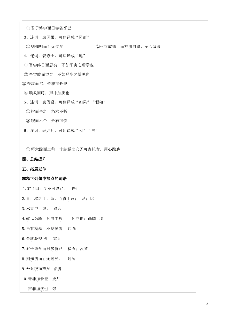 山东省泰安市肥城市第三中学2013-2014学年高中语文 劝学复习学案 鲁教版必修1_第3页