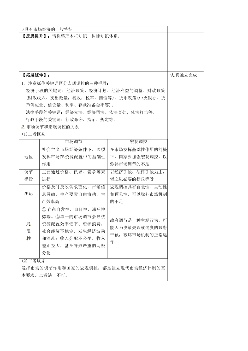 山东省泰安市肥城市第三中学2013-2014学年高中政治 第九课二框 社会主义市场经济学案 新人教版必修1_第3页
