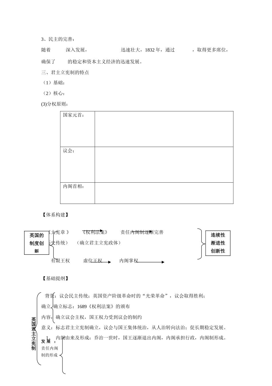 山东省泰安市宁阳四中2014-2015学年度高中历史 第三单元 第8课 英国制度的创新导学案 岳麓版必修1_第2页