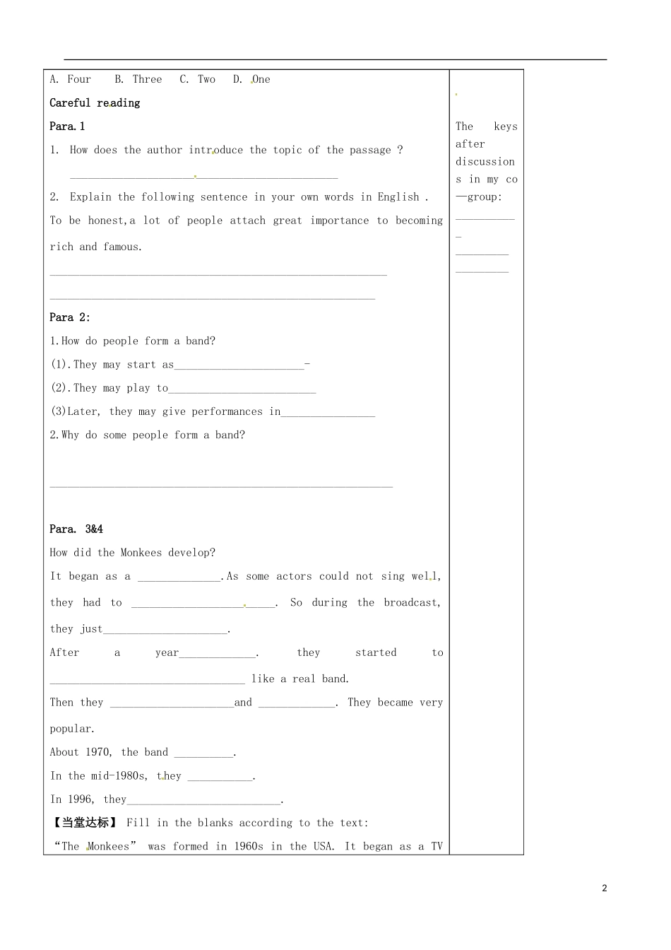 山东省泰安市肥城市第三中学高中英语《Unit 5 Music》Reading学案 新人教版必修2_第2页