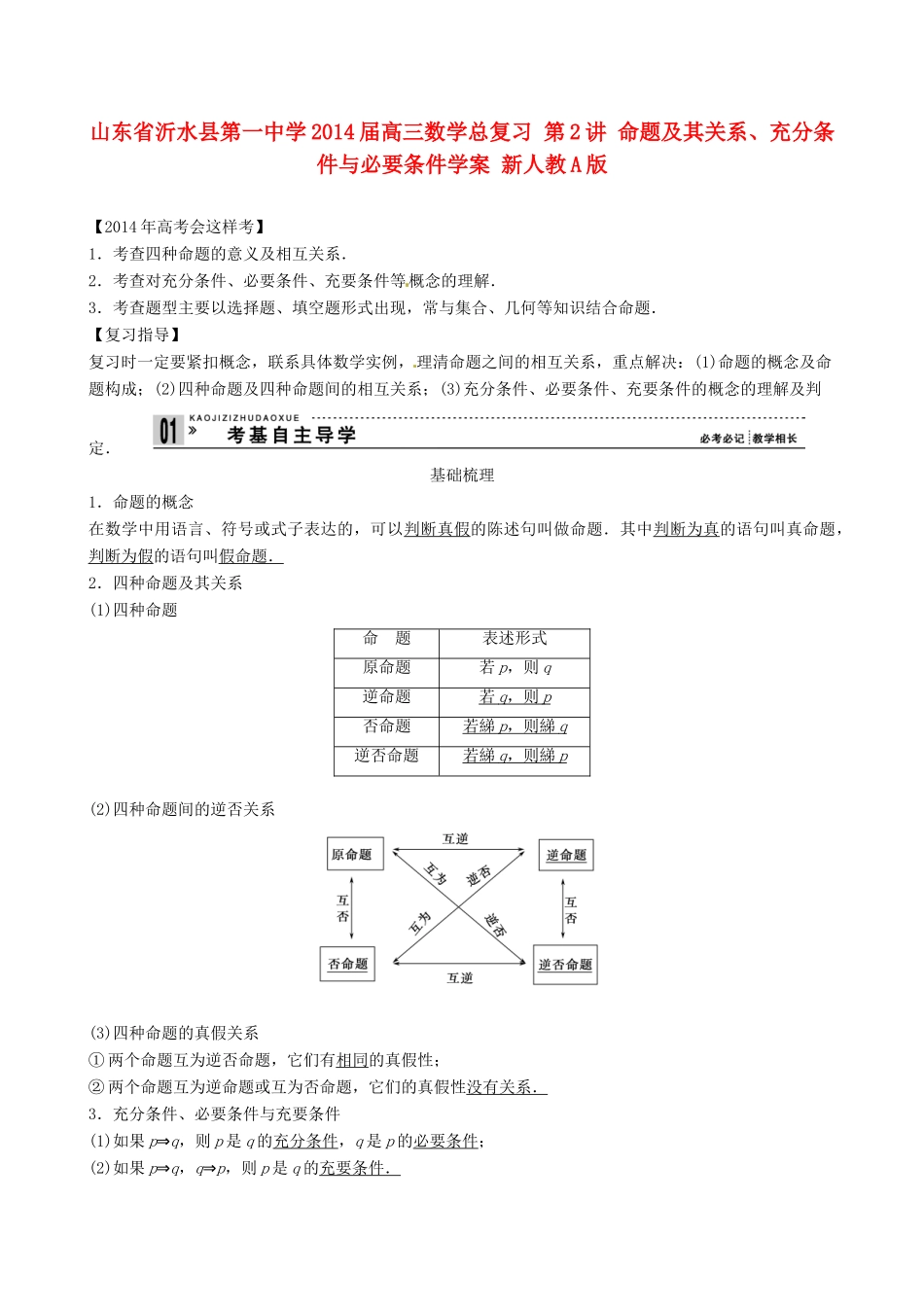 山东省沂水县第一中学2014届高三数学总复习 第2讲 命题及其关系、充分条件与必要条件学案 新人教A版_第1页