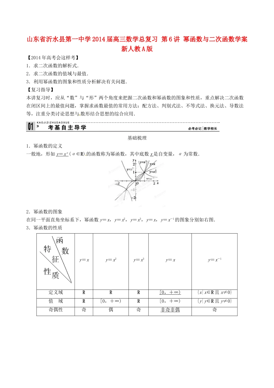山东省沂水县第一中学2014届高三数学总复习 第6讲 幂函数与二次函数学案 新人教A版_第1页