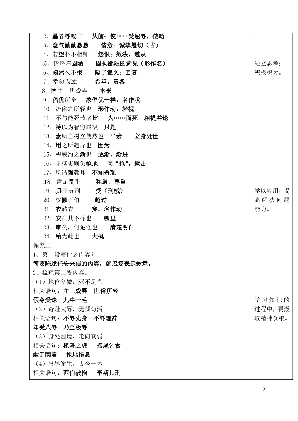 山东省泰安市肥城市第三中学高中语文 报任安书（第一课时）教学案 鲁人版必修4_第2页