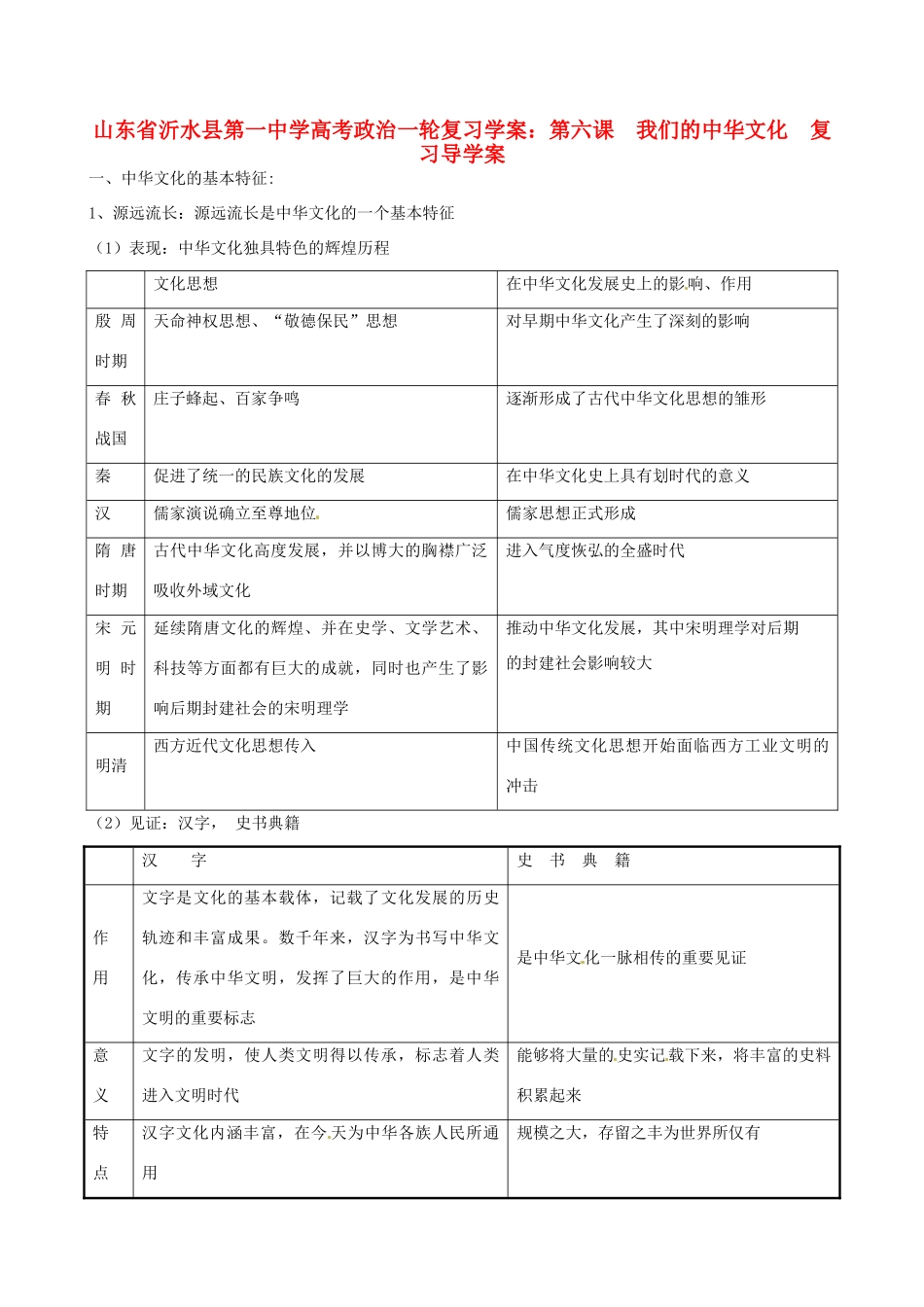 山东省沂水县第一中学高考政治一轮复习 第六课 我们的中华文化复习导学案_第1页