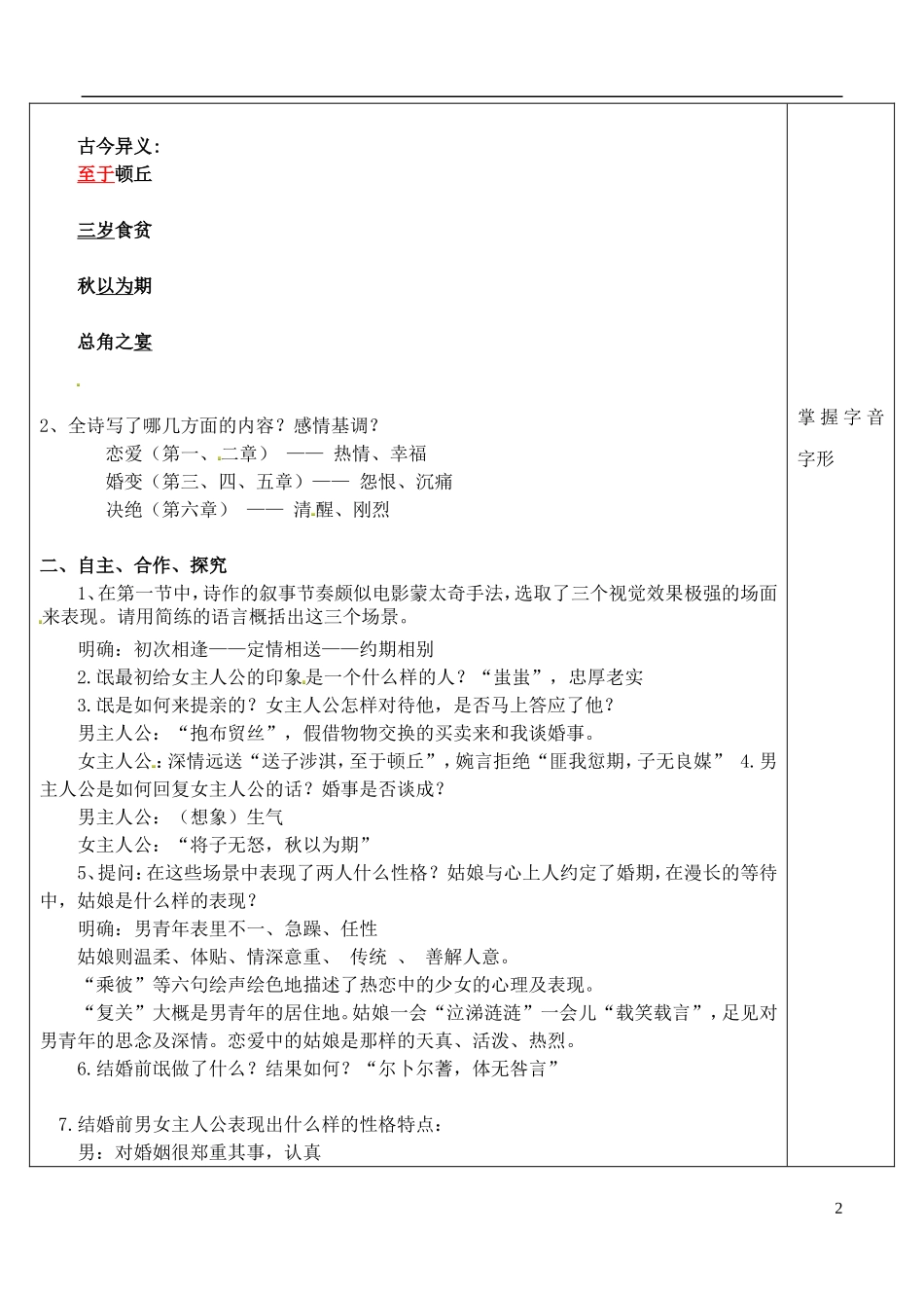 山东省泰安市肥城市第三中学高中语文 氓（第二课时）教学案 鲁人版必修3_第2页