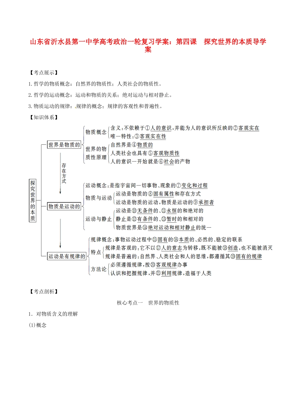 山东省沂水县第一中学高考政治一轮复习 第四课 探究世界的本质导学案_第1页