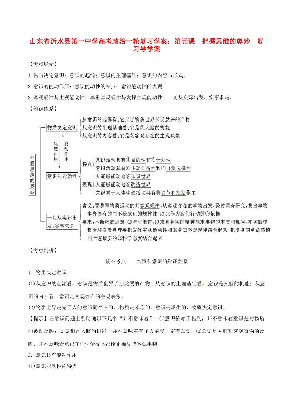 山东省沂水县第一中学高考政治一轮复习 第五课 把握思维的奥妙复习导学案_第1页