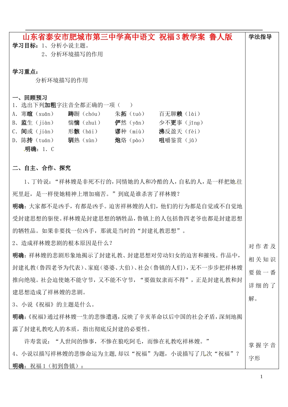 山东省泰安市肥城市第三中学高中语文 祝福3教学案 鲁人版必修3_第1页