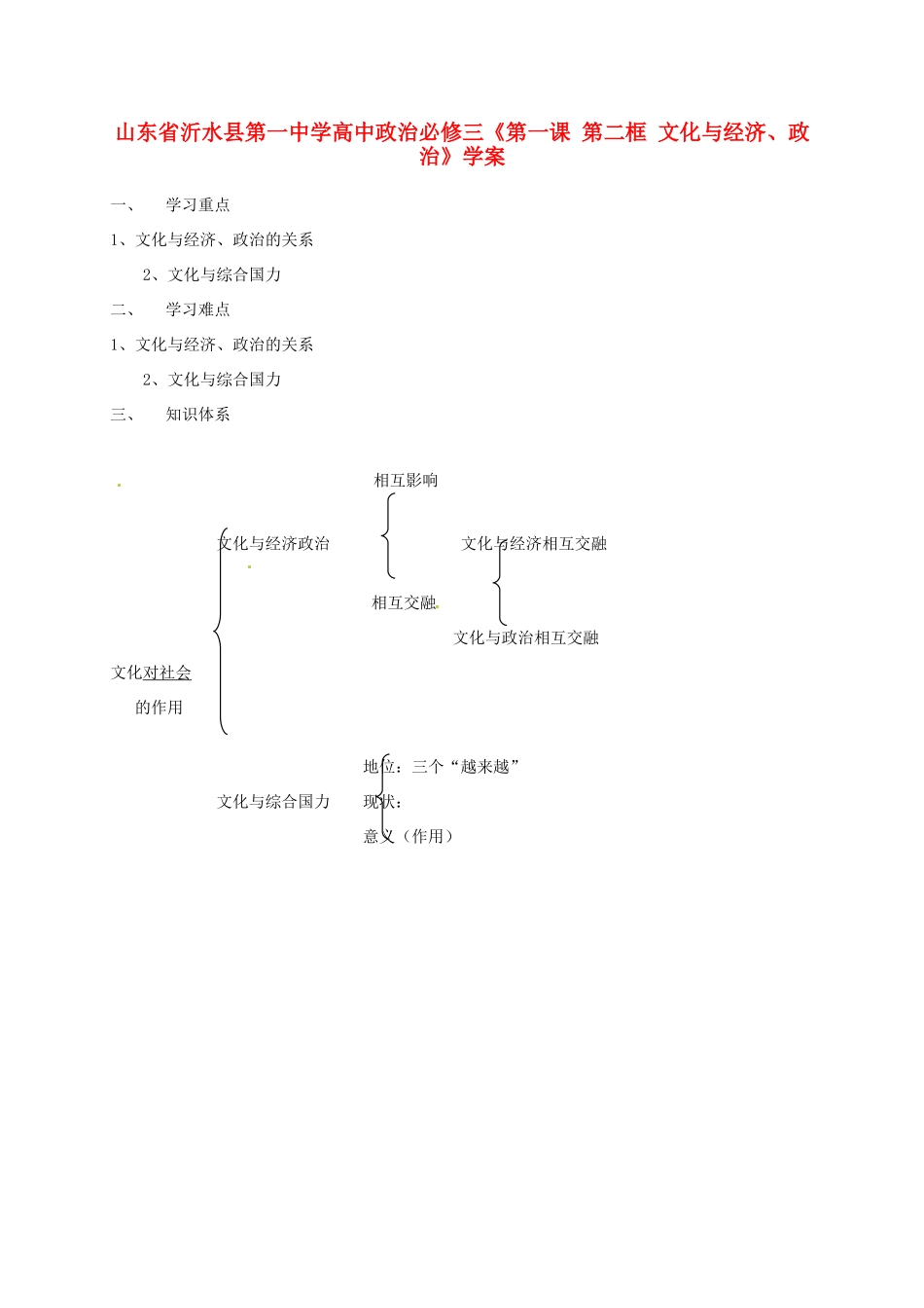 山东省沂水县第一中学高中政治《第一课 第二框 文化与经济、政治》学案 新人教版必修3_第1页