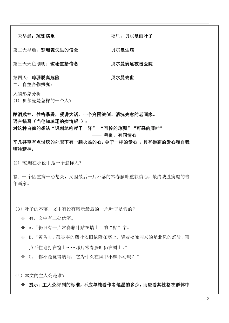山东省泰安市肥城市第三中学高中语文 最后的常春藤叶教学案 鲁人版必修3_第2页