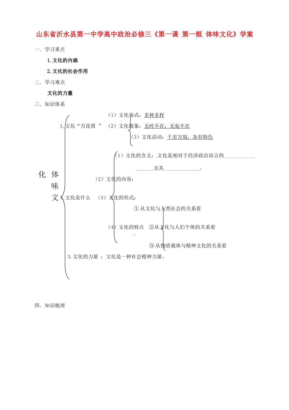 山东省沂水县第一中学高中政治《第一课 第一框 体味文化》学案 新人教版必修3_第1页