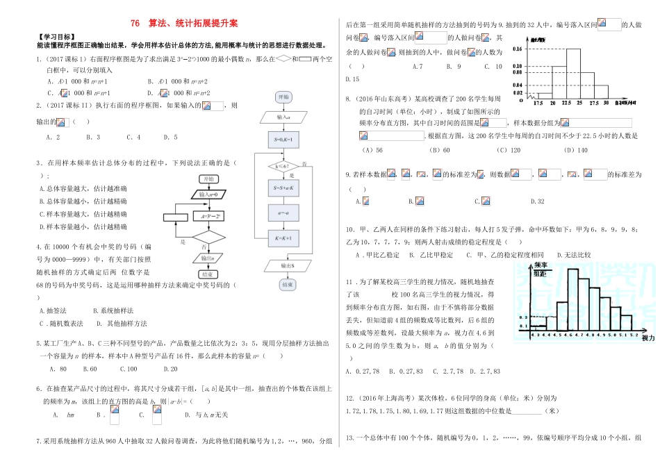 山东省滨州市高考数学一轮复习 76 算法、统计拓展提升学案-人教版高三全册数学学案_第1页