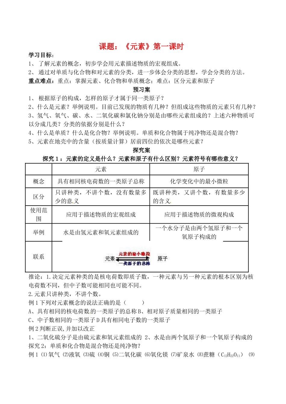 山东省肥城市王庄镇初级中学2013-2014学年高二化学上册《元素》第一课时预习案_第1页