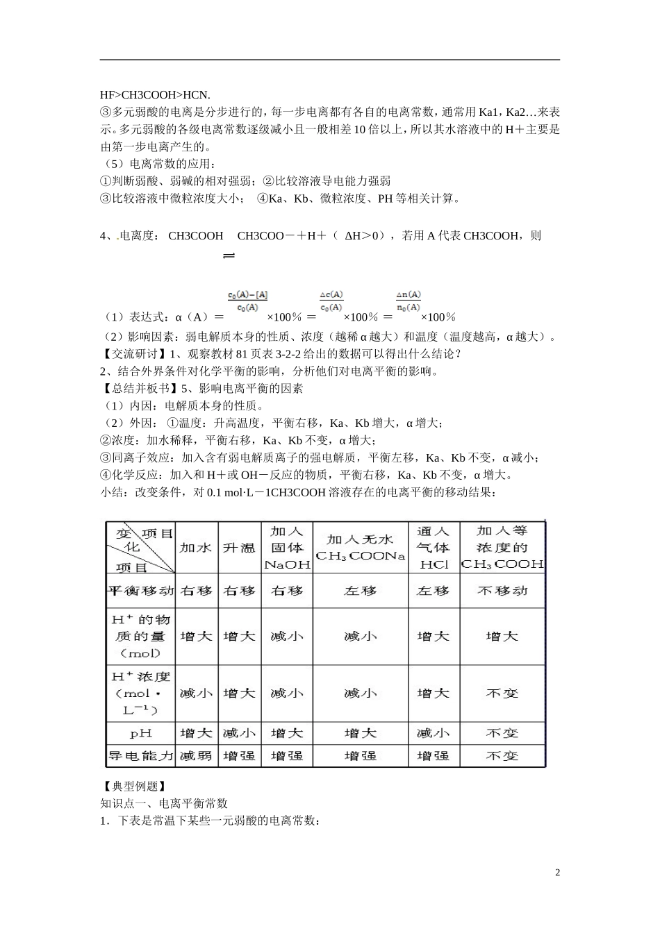 山东省菏泽第一中学高中化学 3.2弱电解质的电离盐类的水解教学案 鲁科版选修4_第2页