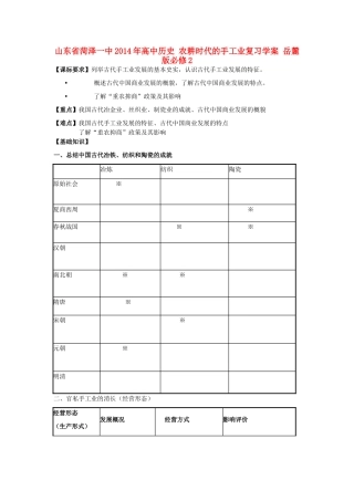 山东省菏泽一中2014年高中历史 农耕时代的手工业复习学案 岳麓版必修2
