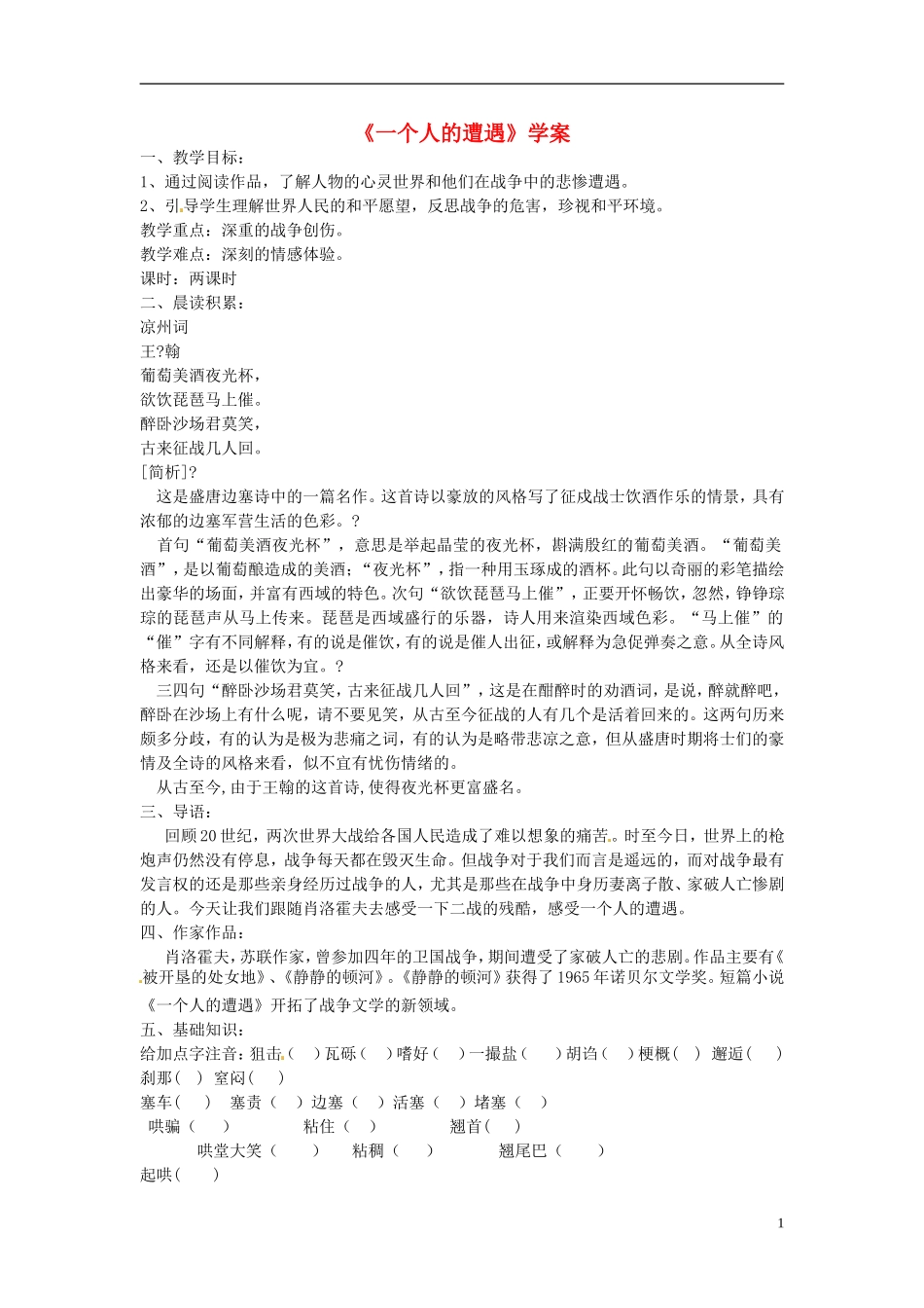 山东省菏泽一中高中语文 一个人的遭遇导学案 苏教版必修2_第1页