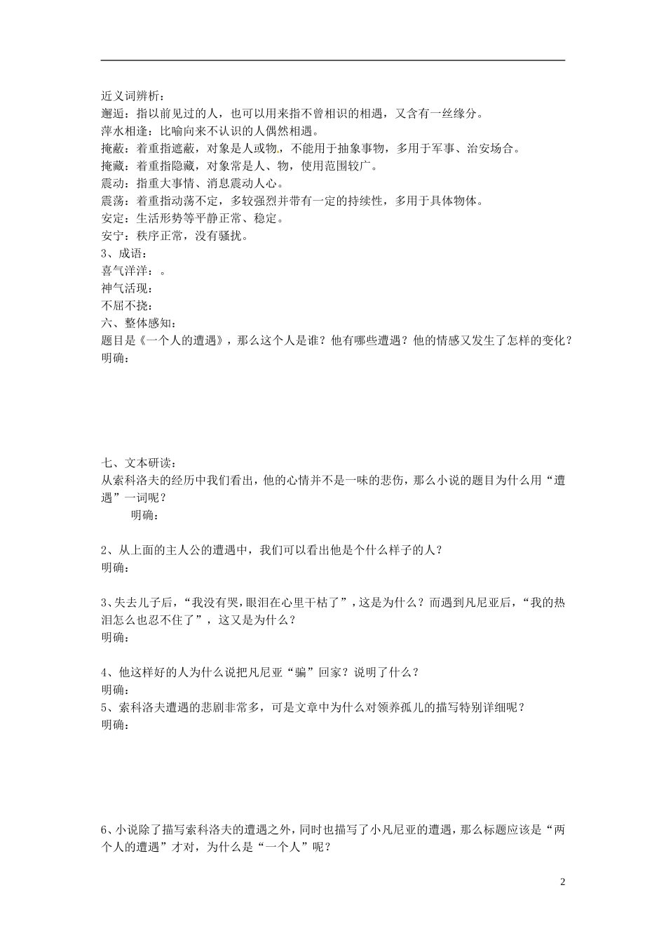 山东省菏泽一中高中语文 一个人的遭遇导学案 苏教版必修2_第2页