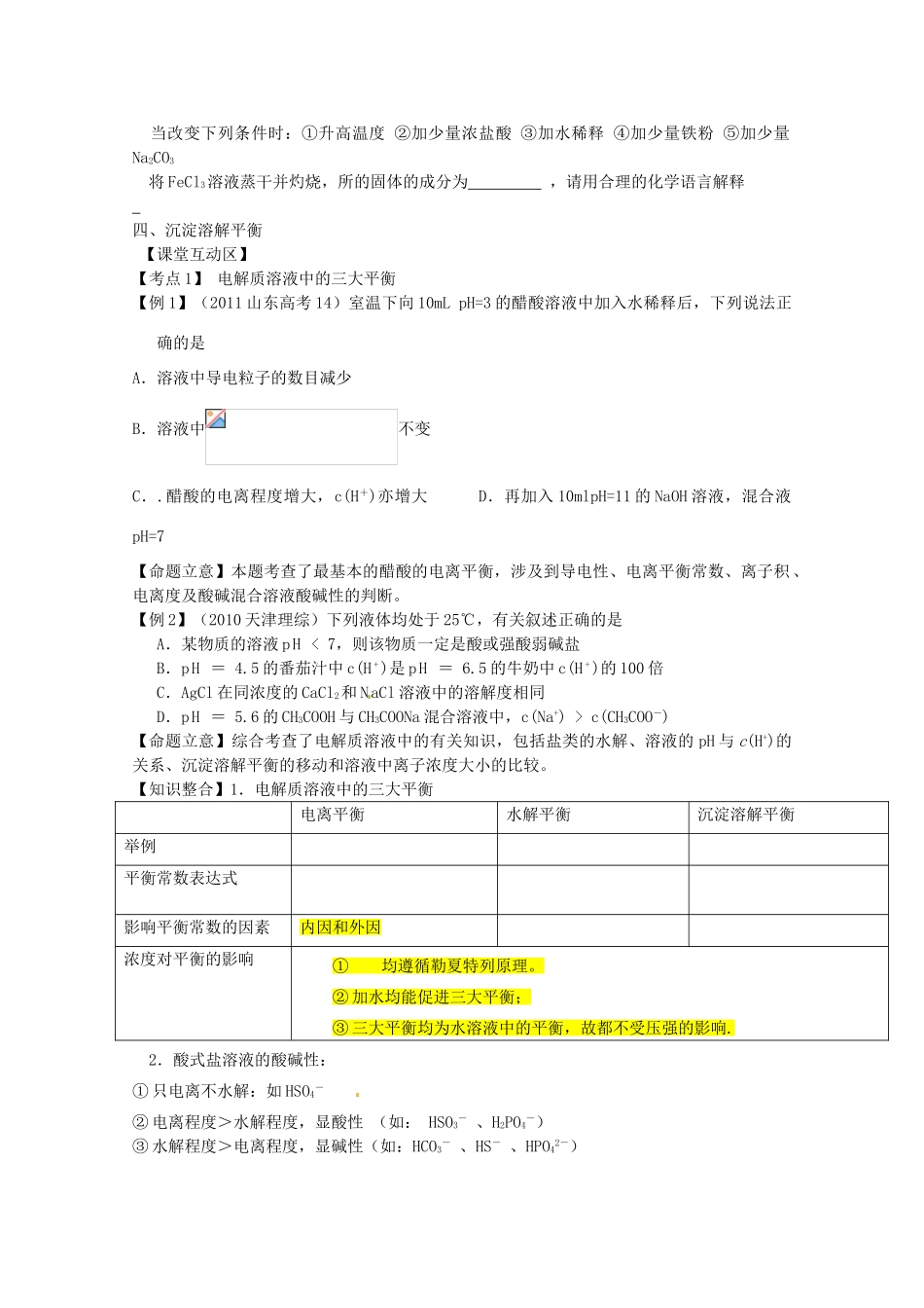 山东省胶南市2012届高三化学《电解质溶液》学案 新人教版_第2页
