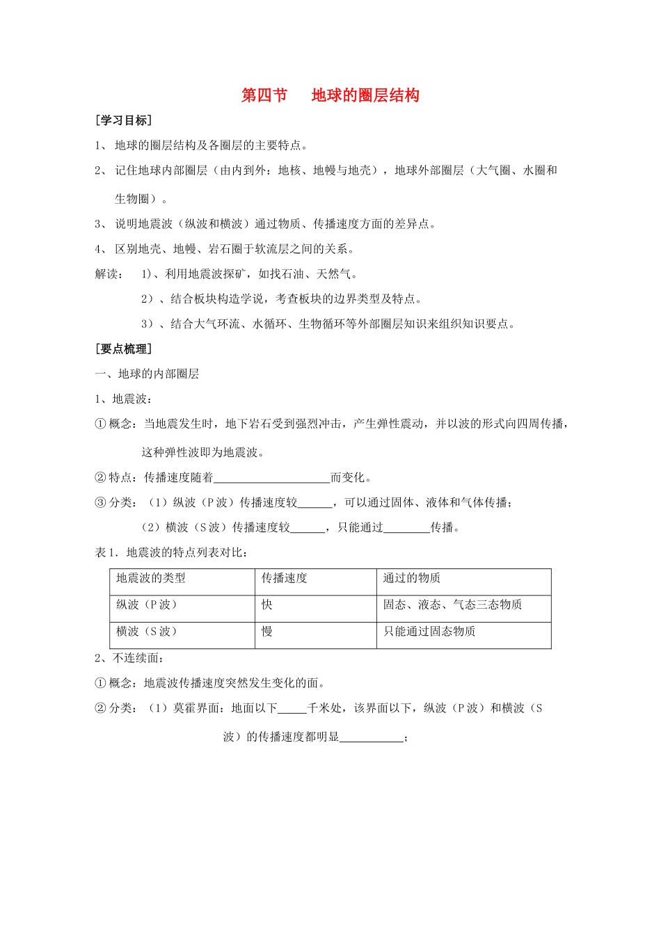 山西省吕梁市石楼县石楼中学高中地理《1.4地球的圈层结构》学案 新人教版必修1_第1页