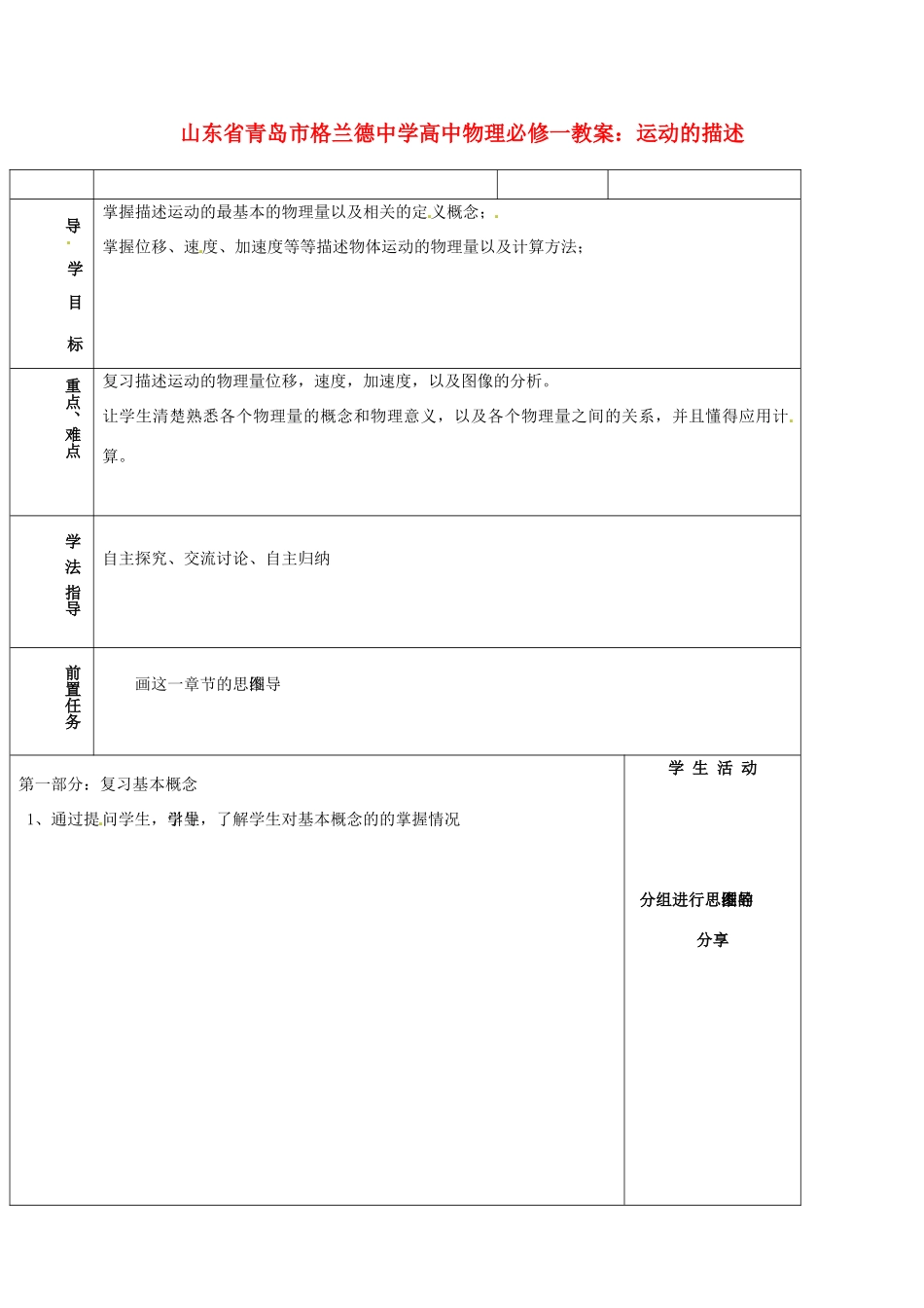山东省青岛市格兰德中学高中物理 运动的描述教案 新人教版必修1_第1页