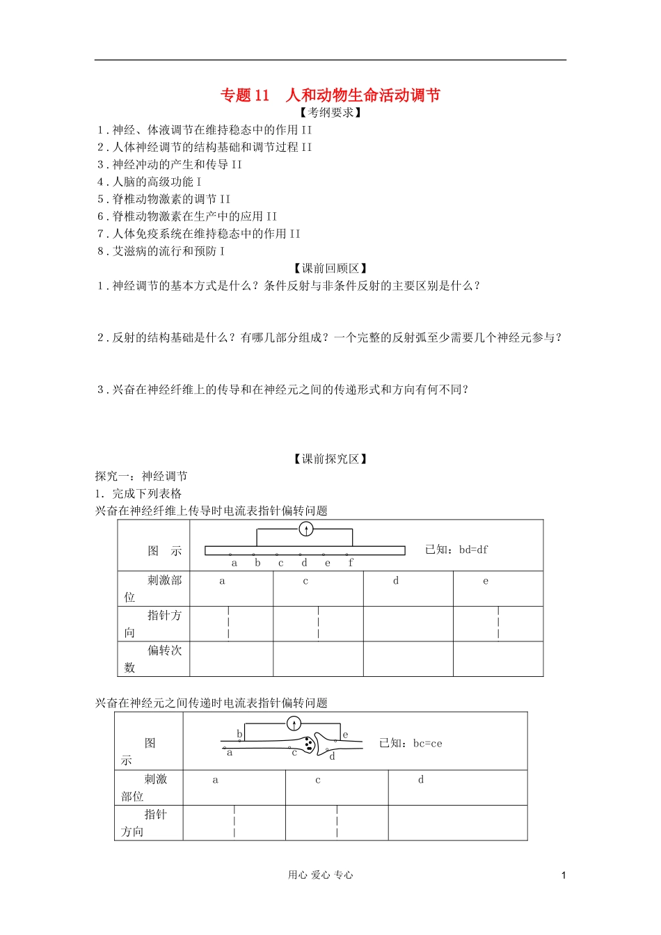 山东省胶南一中2012高三生物二轮复习 专题11 人和动物生命活动调节导学案_第1页