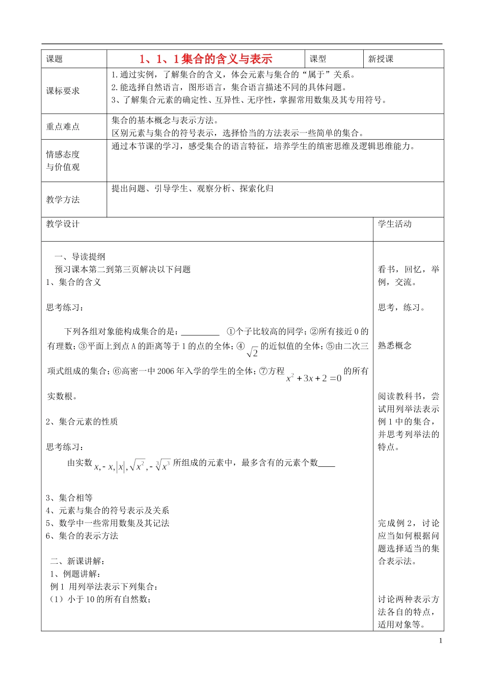 山东省青岛市即墨一中高中数学 集合的含义及表示教学案（无答案）新人教A版必修1_第1页