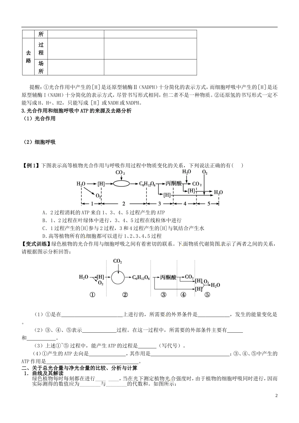 山西省朔州市李林中学2013届高考生物一轮复习 第3课时 光合作用和呼吸作用的题型分析导学案 新人教版必修1_第2页
