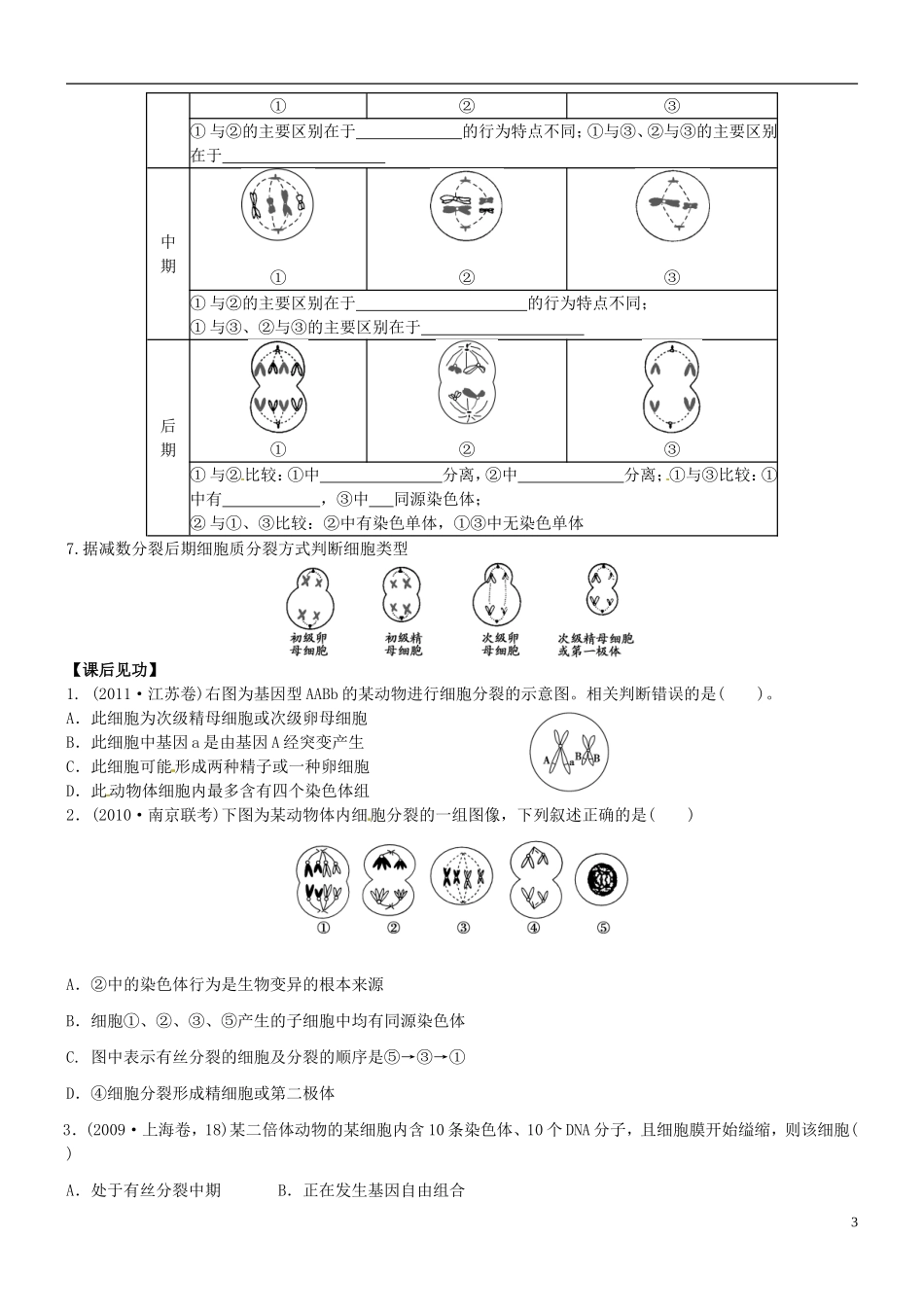 山西省朔州市李林中学2013届高考生物一轮复习 减数分裂和受精作用导学案2 新人教版必修1_第3页