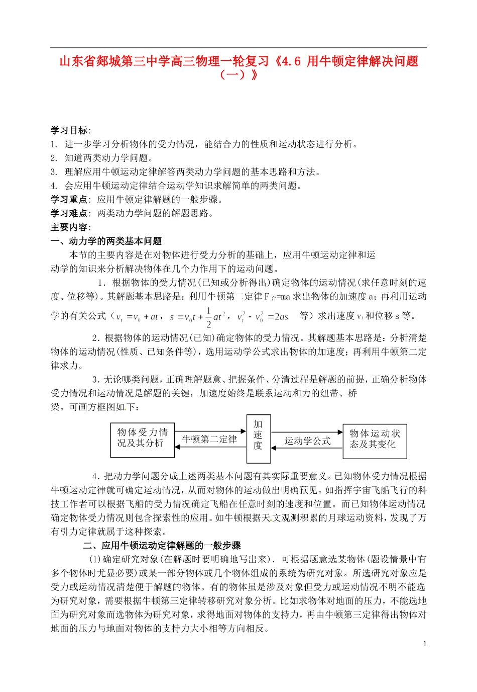 山东省郯城第三中学高三物理一轮复习《4.6 用牛顿定律解决问题（一）》学案_第1页