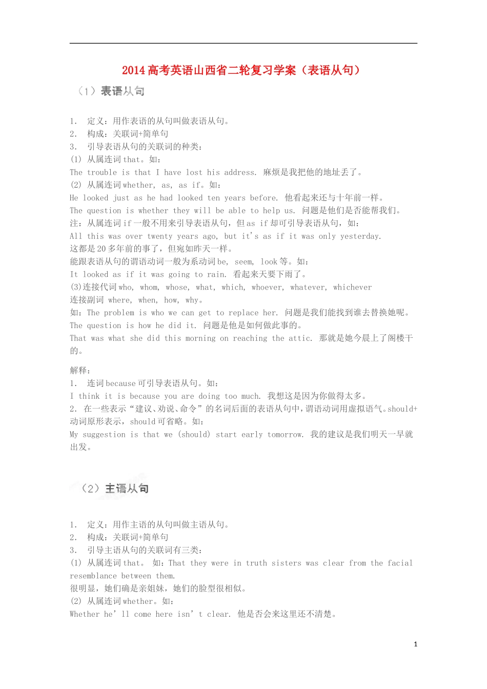 山西省2014高考英语二轮复习 表语从句学案_第1页