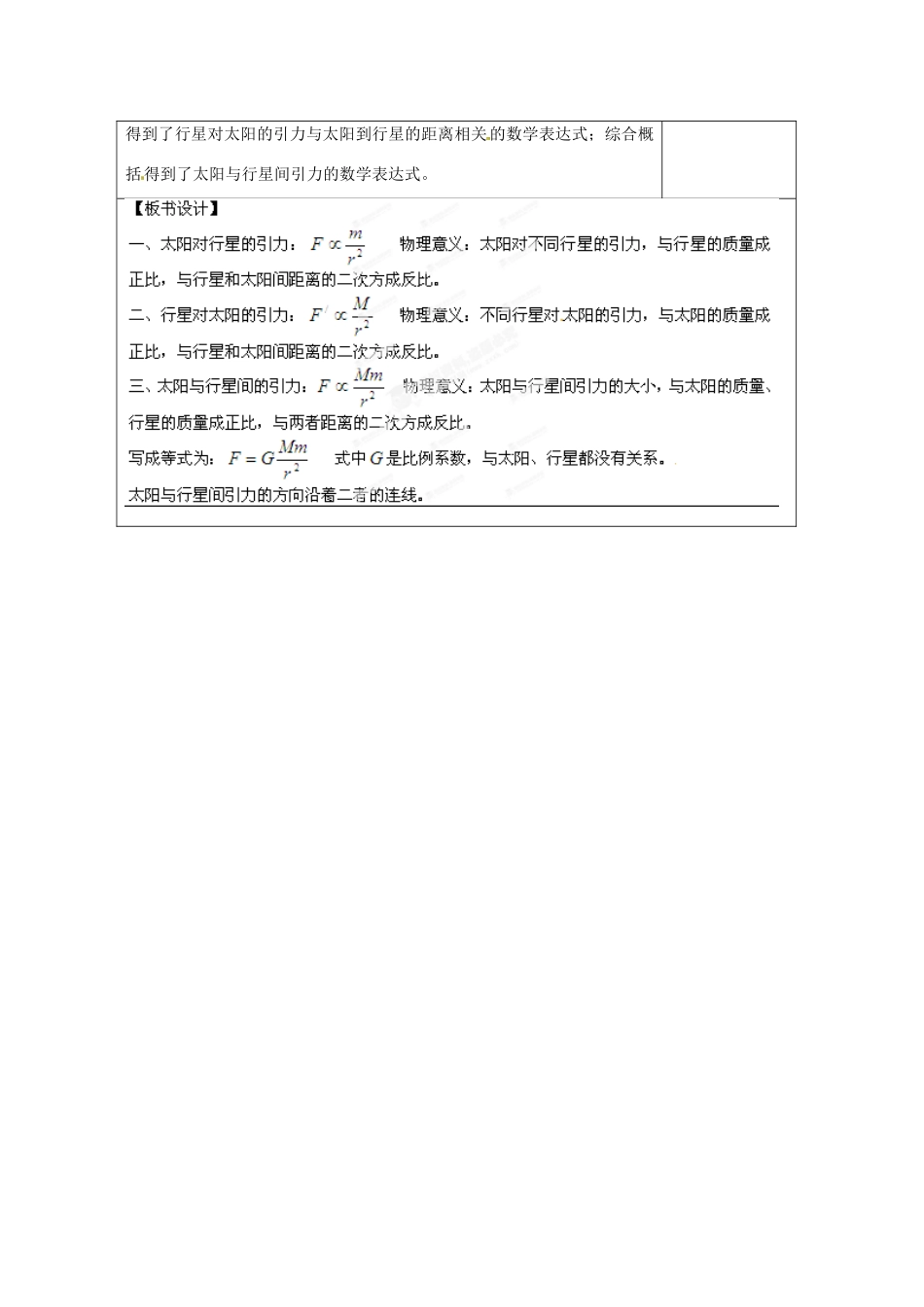 山东省郯城第三中学高中物理 《6.2 太阳和行星间的引力》教学设计 新人教版必修2_第3页
