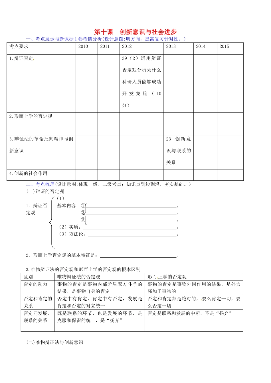 山东省潍坊市高考政治第一轮复习 4.10创新意识与社会进步导学案-人教版高三全册政治学案_第1页