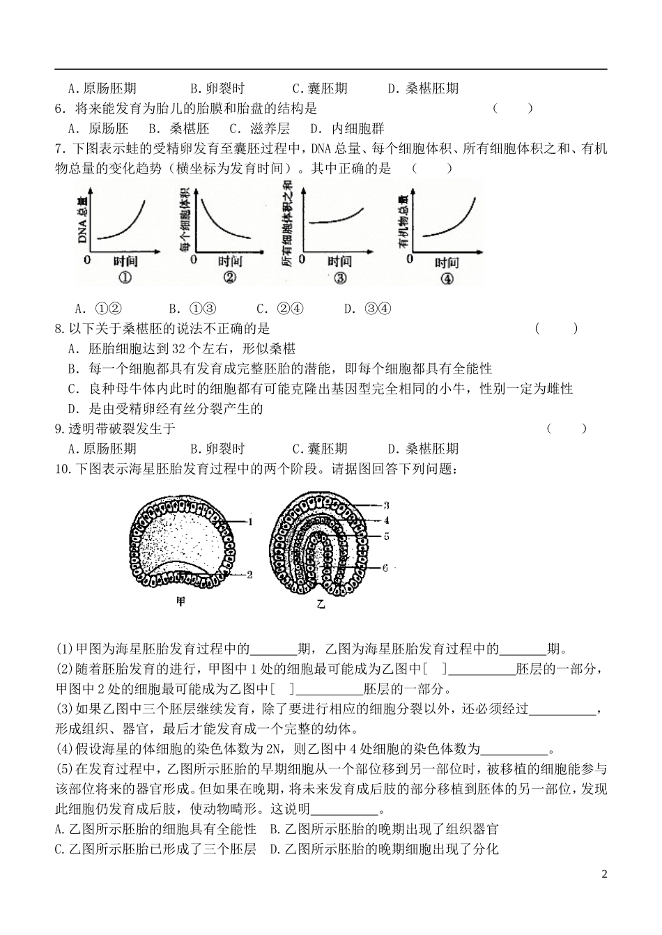 山西省朔州市平鲁区李林中学高中生物 体内受精与早期胚胎的发育学案 新人教版选修3_第2页