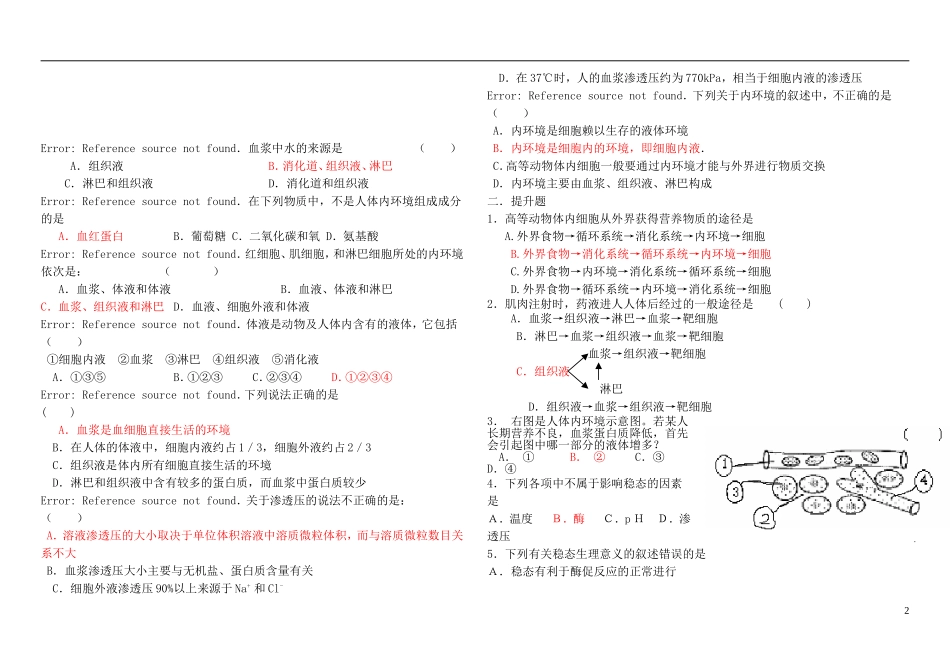 山东省现代学校2014年高中生物 第一章 人体的内环境和稳态学案 新人教版必修3_第2页