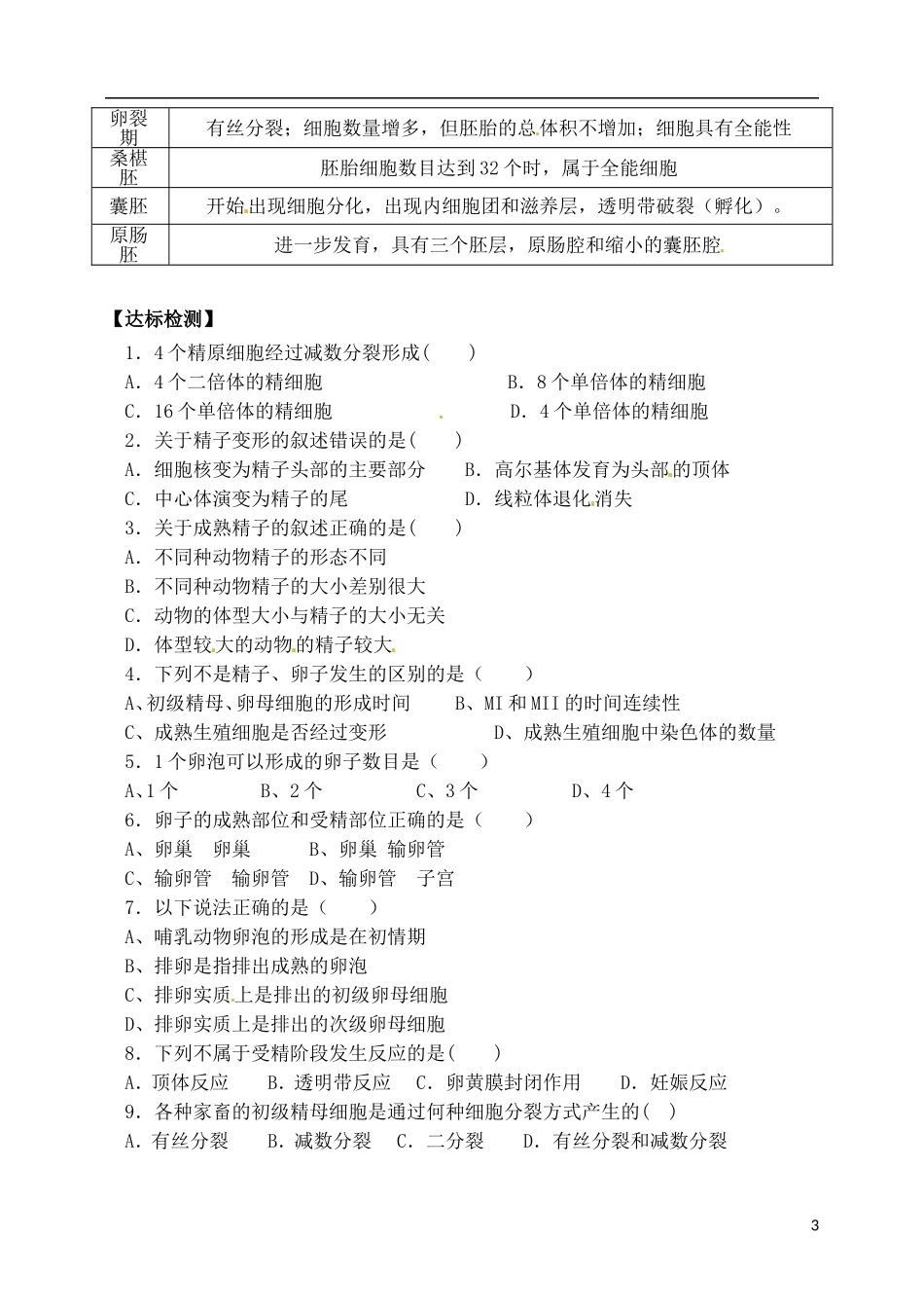 山西省临汾市翼城县清华园中学2014年高中生物 3.1 体内受精和早期胚胎发育导学案2 新人教版选修3_第3页