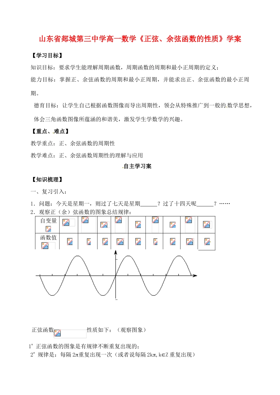 山东省郯城第三中学高一数学《正弦、余弦函数的性质》学案_第1页