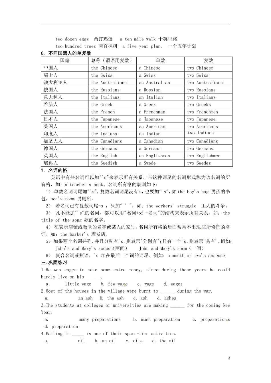 山东省郯城第三中学高中英语 语法大全 第12章 名词（含巩固练习）_第3页
