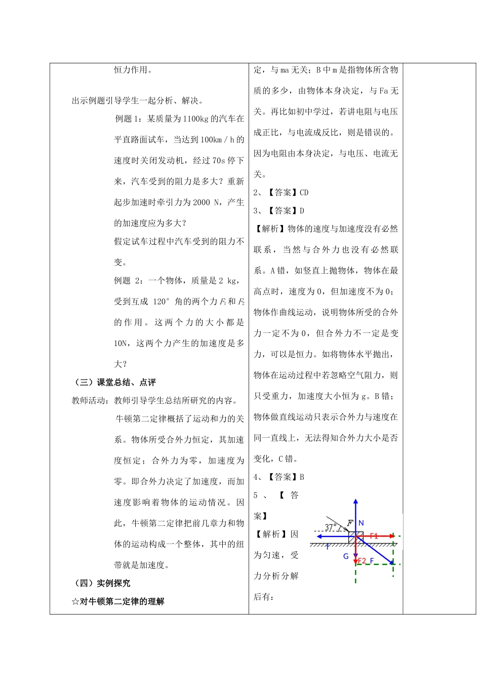 山东省郯城三中高一物理《4.3牛顿第二定律》教案_第3页