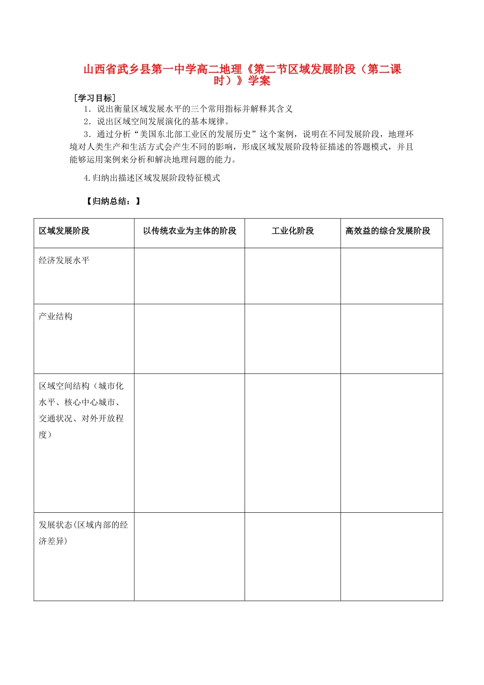 山西省武乡县第一中学高二地理《第二节区域发展阶段（第二课时）》学案_第1页