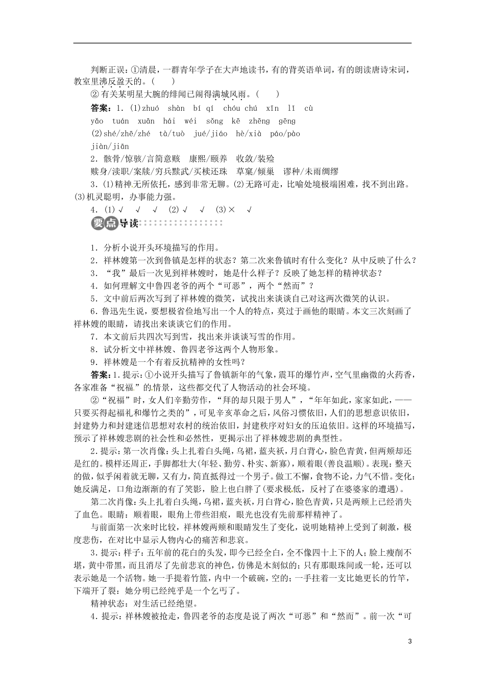 山东省淄博市高青县第三中学2013-2014学年高中语文 专题4《祝福》学案 苏教版必修2_第3页