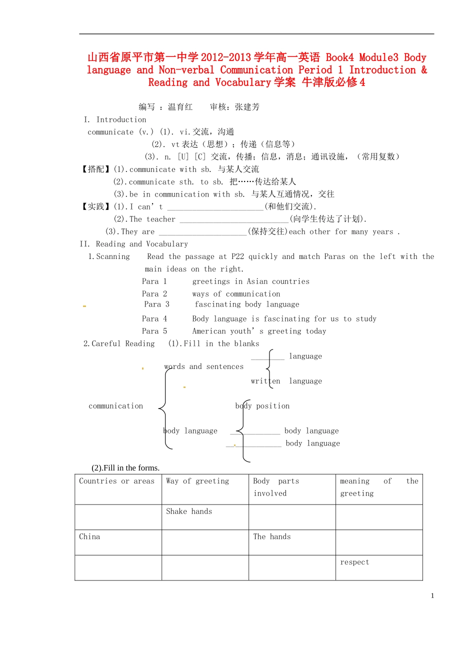 山西省原平市第一中学2012-2013学年高中英语 Book4 Module3 Body language and Non-verbal Communication Period 1 Introduction & Reading and Vocabulary学案 牛津版必修4_第1页