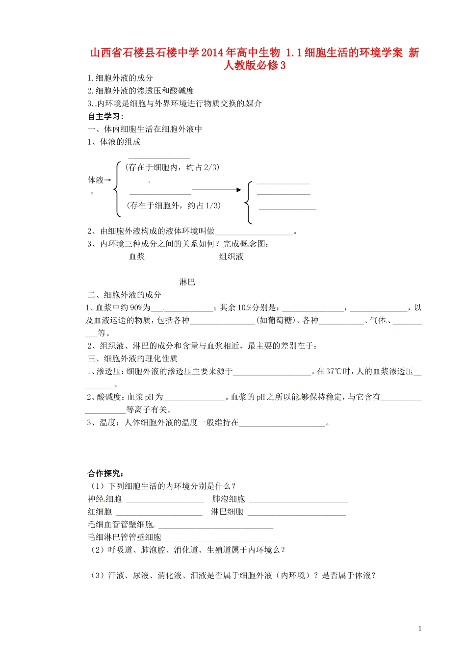 山西省石楼县石楼中学2014年高中生物 1.1细胞生活的环境学案 新人教版必修3_第1页