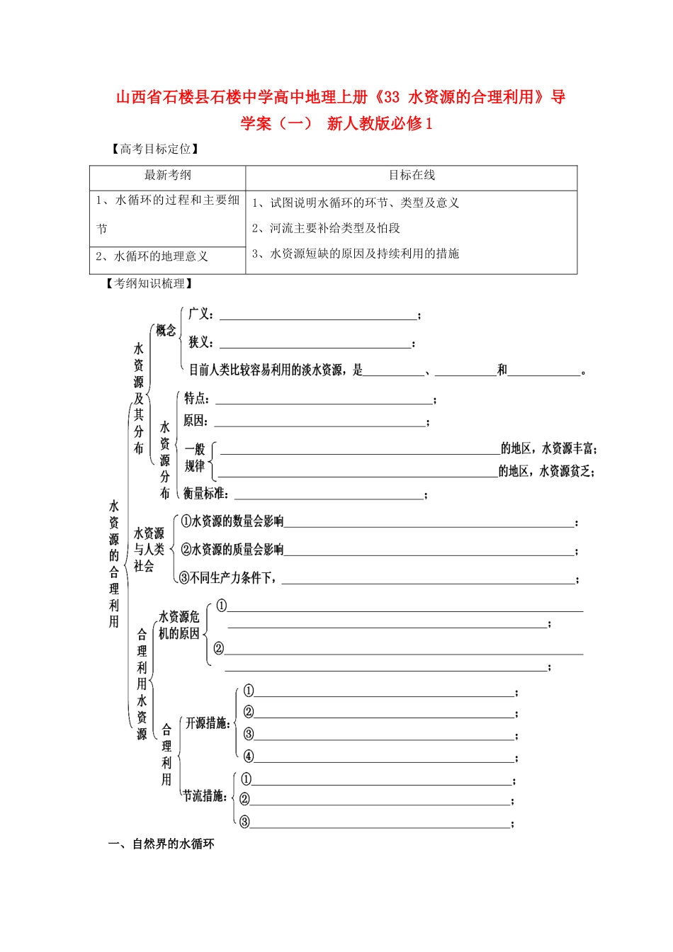 山西省石楼县石楼中学高中地理上册《33 水资源的合理利用》导学案（一） 新人教版必修1_第1页