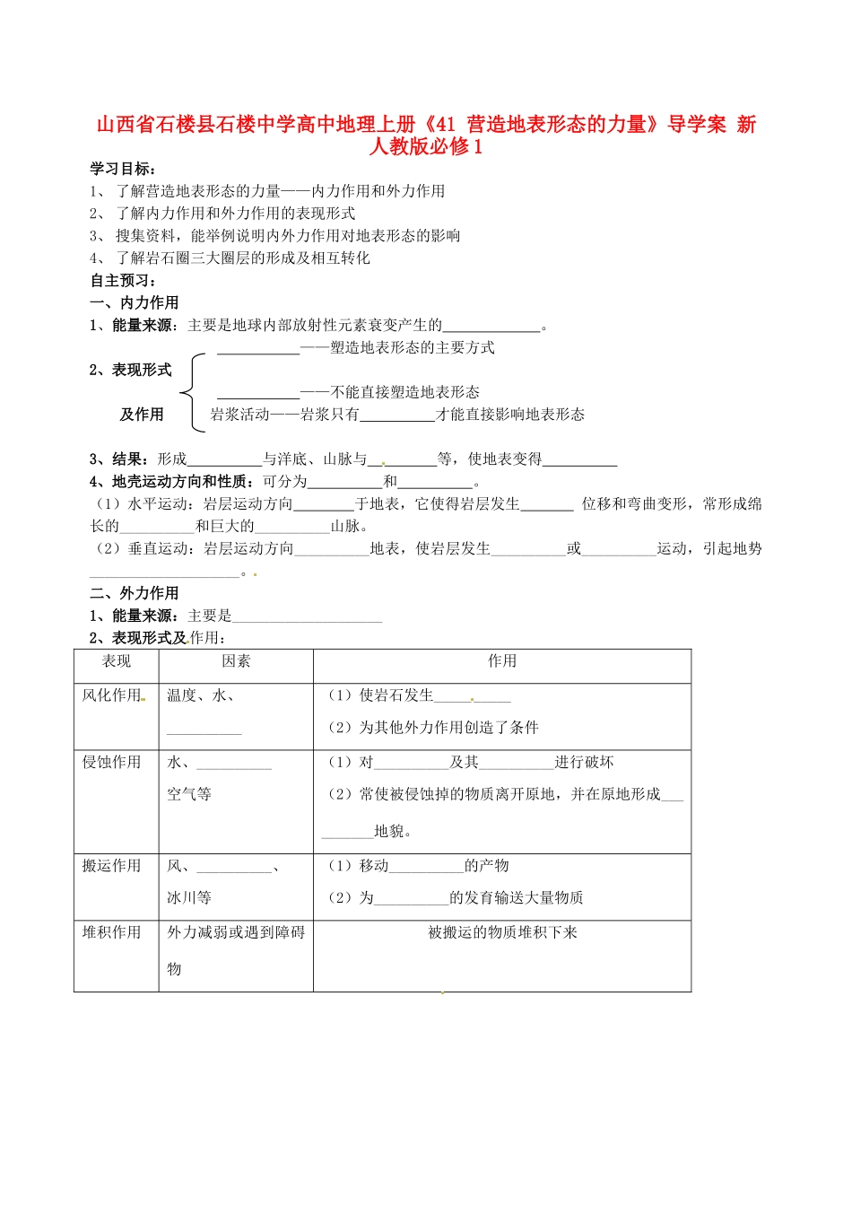 山西省石楼县石楼中学高中地理上册《41 营造地表形态的力量》导学案 新人教版必修1_第1页