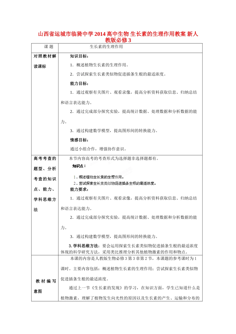 山西省运城市临猗中学2014高中生物 生长素的生理作用教案 新人教版必修3_第1页