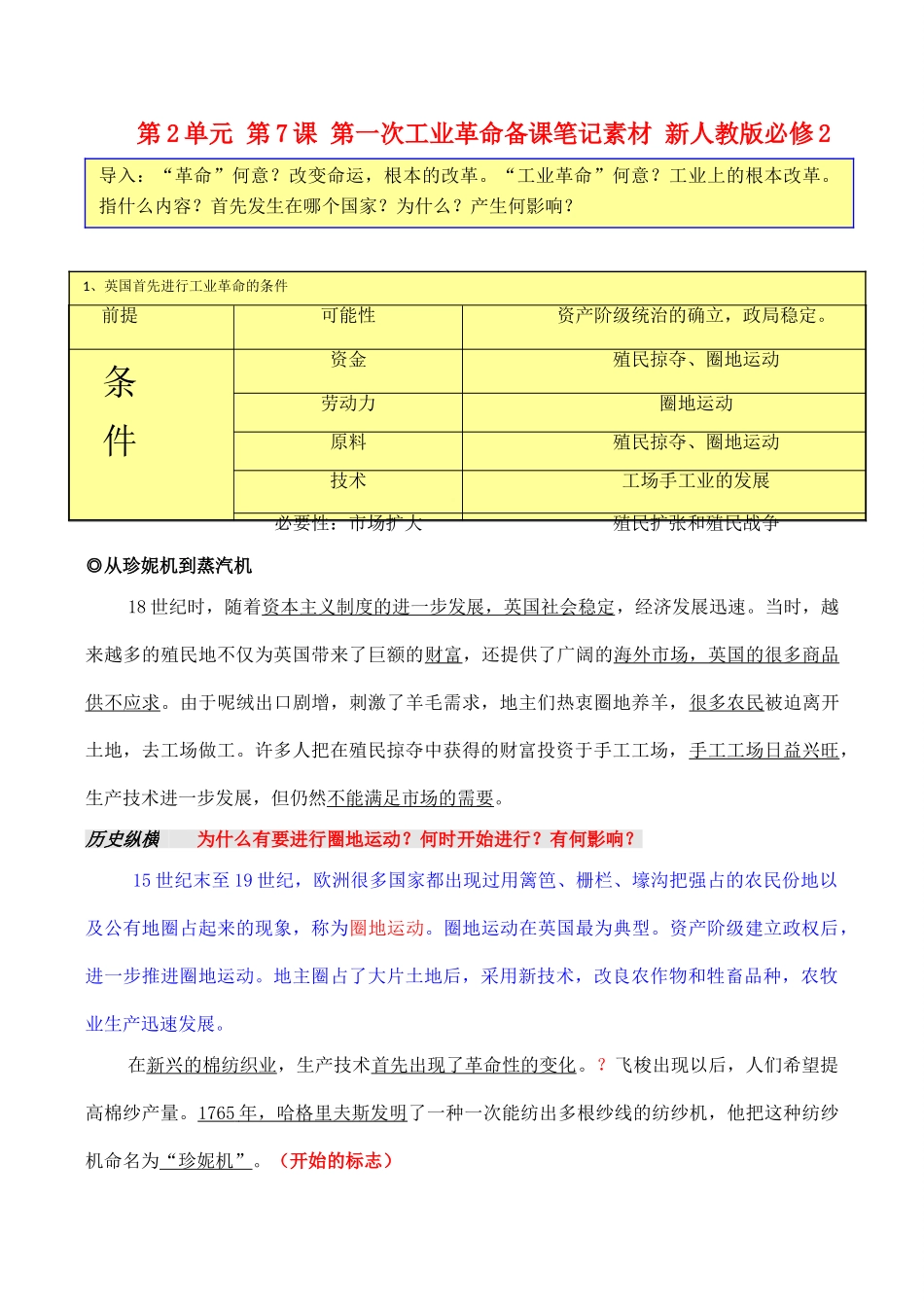 山西省运城中学2014年高中历史 第2单元 第7课 第一次工业革命备课笔记素材 新人教版必修2_第1页