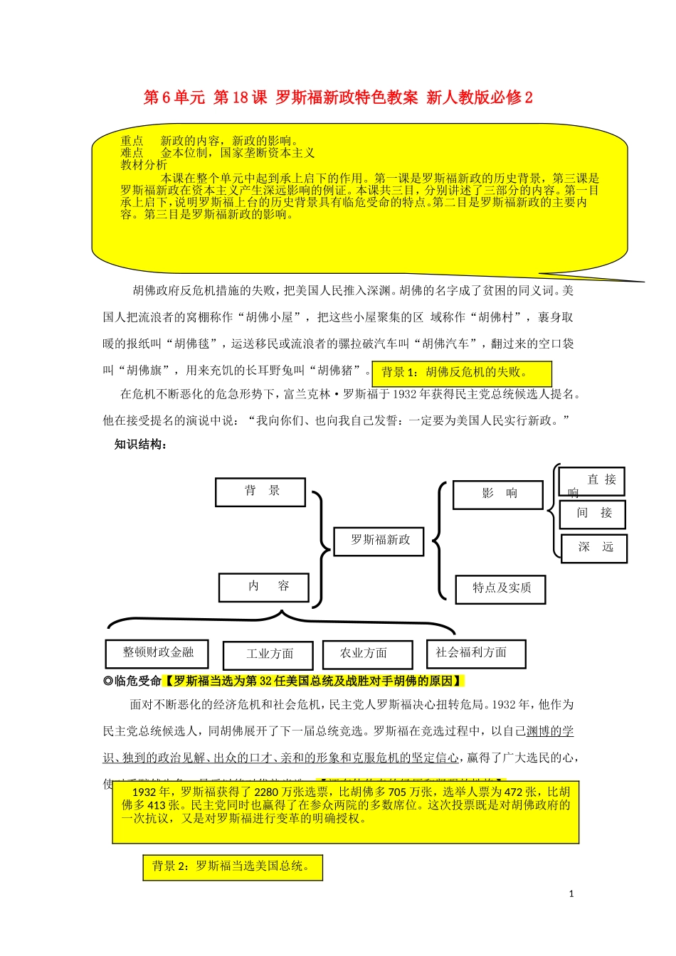 山西省运城中学2014年高中历史 第6单元 第18课 罗斯福新政特色教案 新人教版必修2_第1页