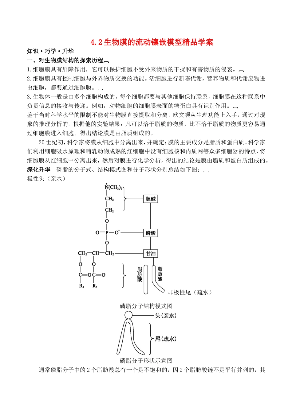 山西省运城市康杰中学高中生物 4.2 生物膜的流动镶嵌模型精品学案 新人教版必修1_第1页