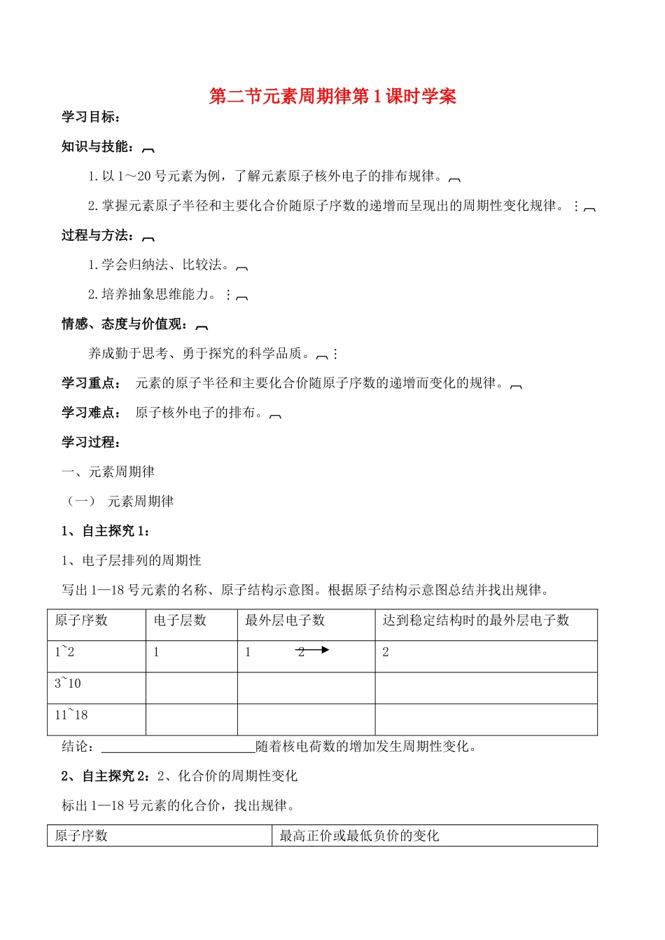 山西省运城市运城中学2015高中化学 第一章 第二节《元素周期律》（第1课时）学案 新人教版必修2_第1页